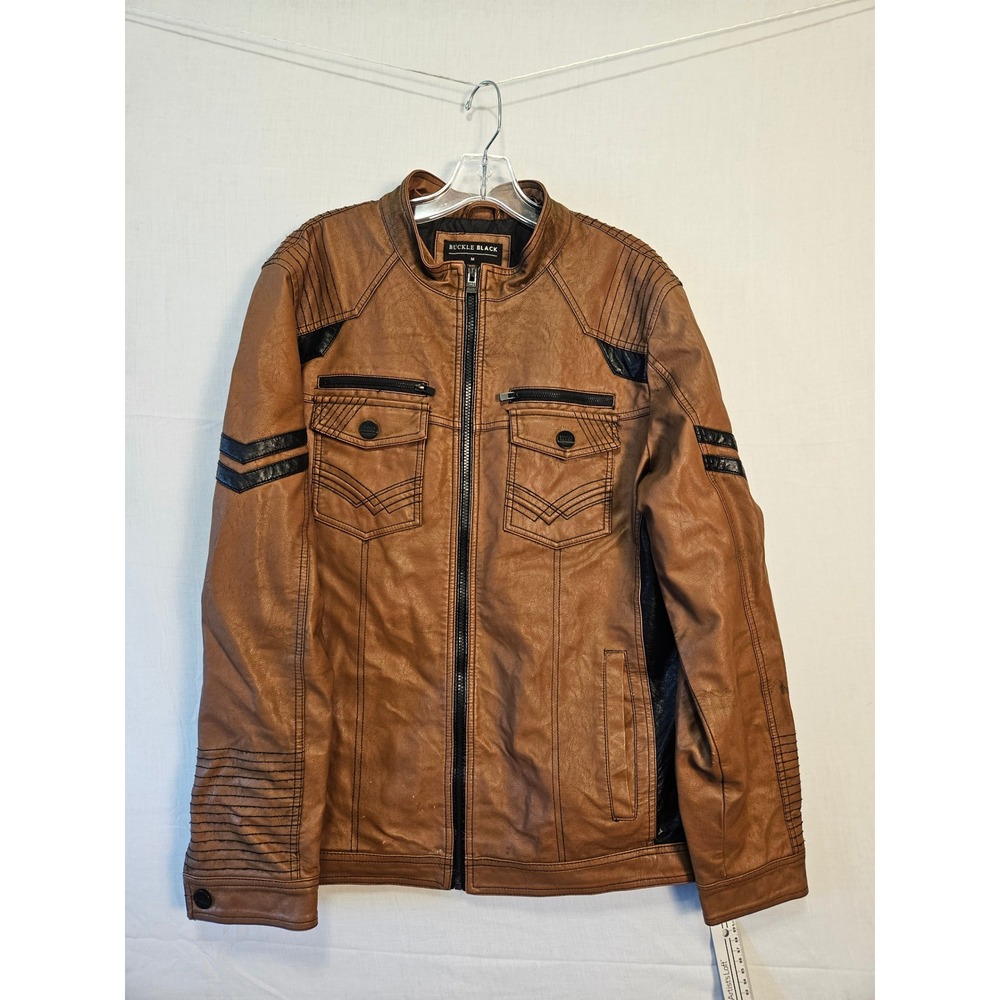 Buckle Black Mens Medium Faux Leather Moto Jacket Cognac Brown Black Quilted Zip